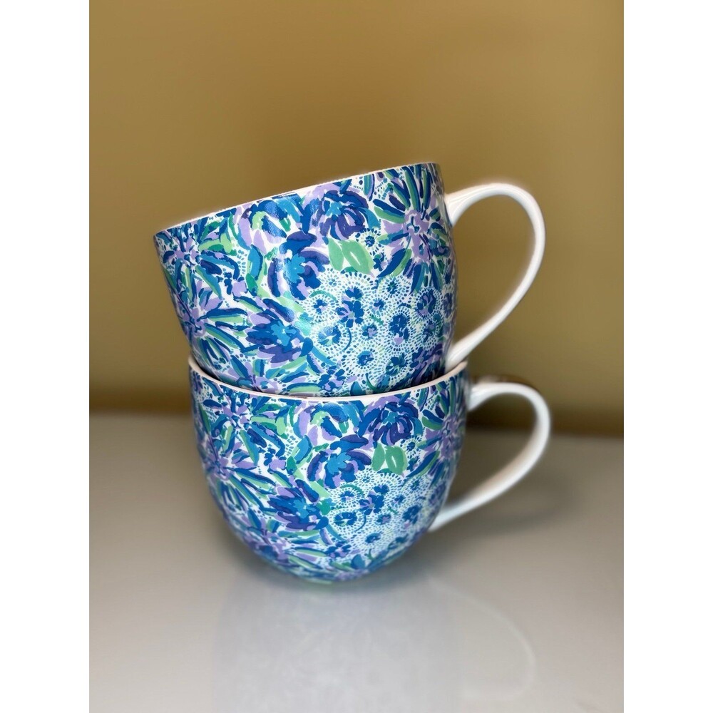 Lilly Pulitzer Set of 2 Ceramic Coffee Mugs Blue Floral 12 oz